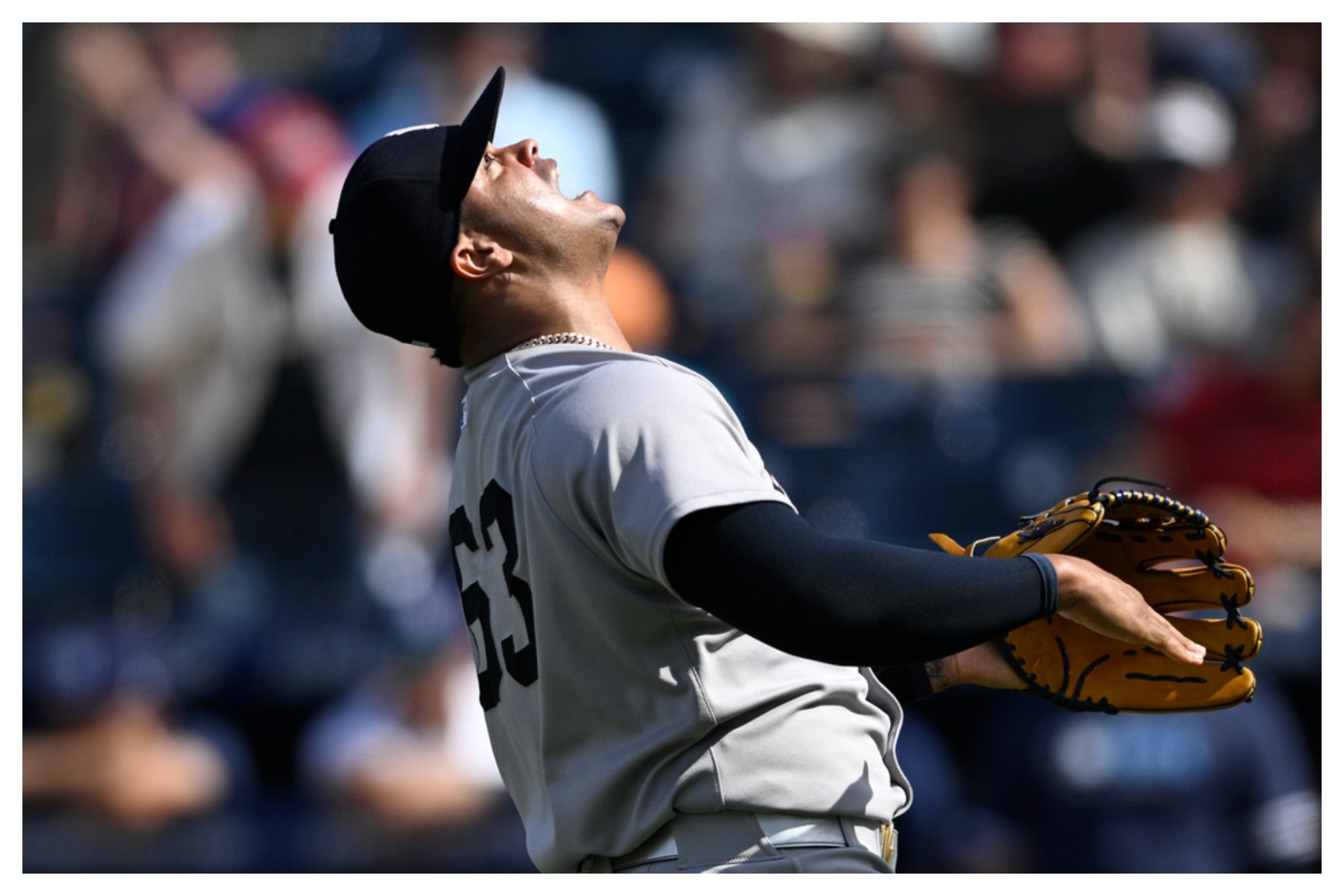 New York Yankees pitcher Fernando Cruz (63) celebrates after getting the save in a baseball game against the Tampa Bay Rays.