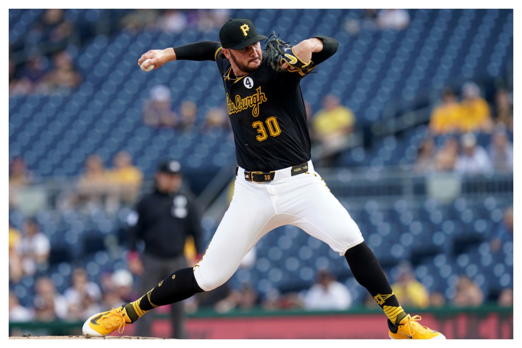 Pittsburgh Pirates pitcher Paul Skenes delivers during the first inning of a baseball game against the Houston Astros.