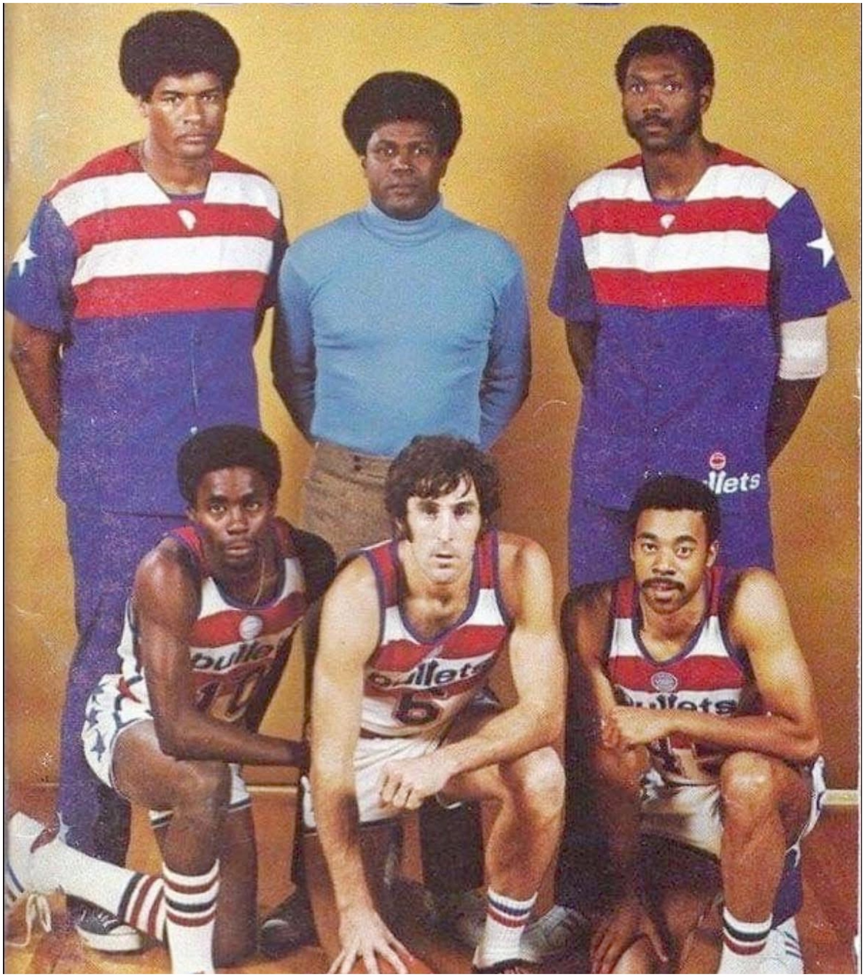 Wes Unseld, Coach K.C. Jones, Elvin Hayes, Kevin Porter, Mike Riordan, and Phil Chenier.
