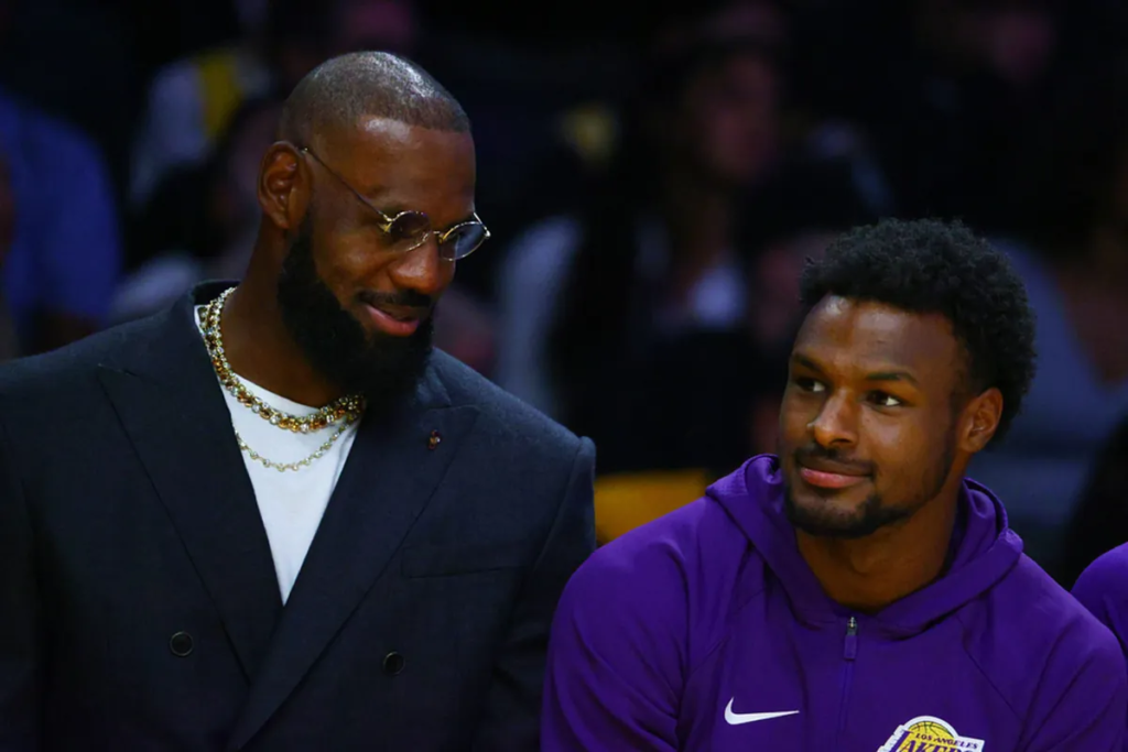 Lakers’ LeBron James and his son, Bronny James, share a fun moment despite the loss to the Warriors