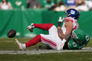 Did Cam Skattebo’s injury come from an illegal hip-drop tackle from Zack Baun?