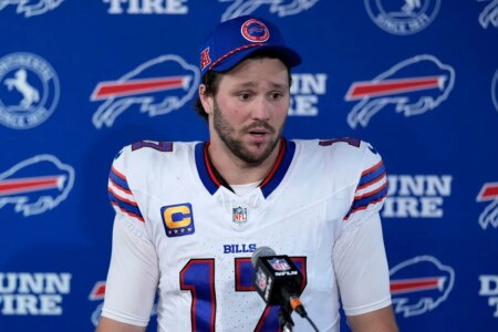 Josh Allen found himself caught in an entanglement sharing an awkward moment with his teammate