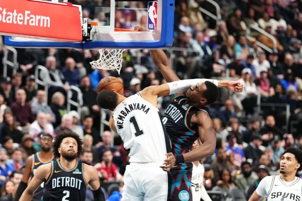 Victor Wembanyama gets posterized by Detroit Pistons center Jalen Duren
