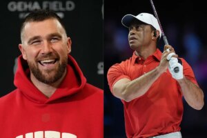 Travis Kelce shares a laugh and hug with Tiger Woods during TGL Golf moment