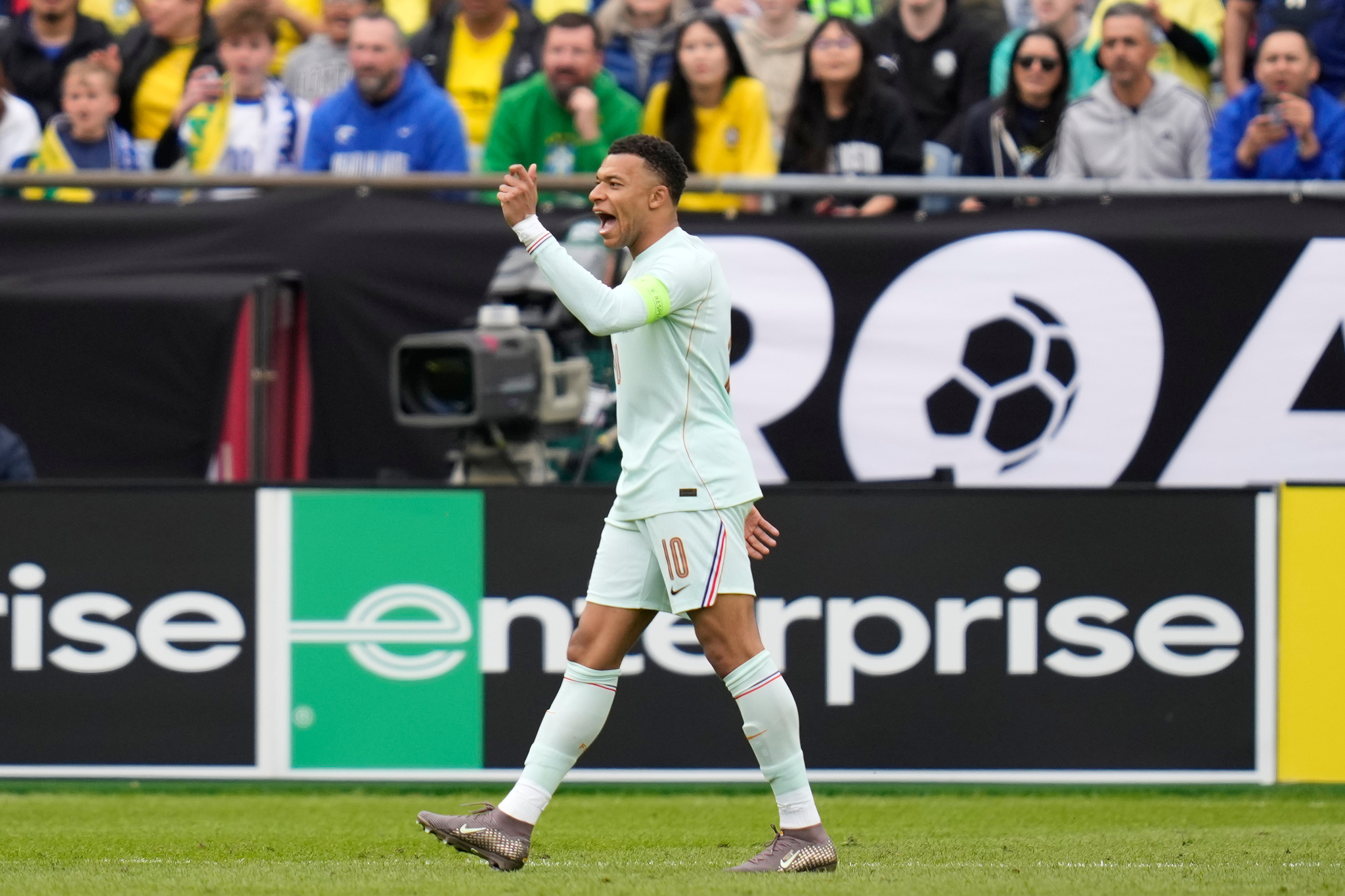 Kylian Mbappe of lt;HIT gt;France lt;/HIT gt; gestures during the international friendly soccer match between Brazil and lt;HIT gt;France lt;/HIT gt; in Foxborough, Mass, Thursday, March 26, 2026. (AP Photo/Charles Krupa)