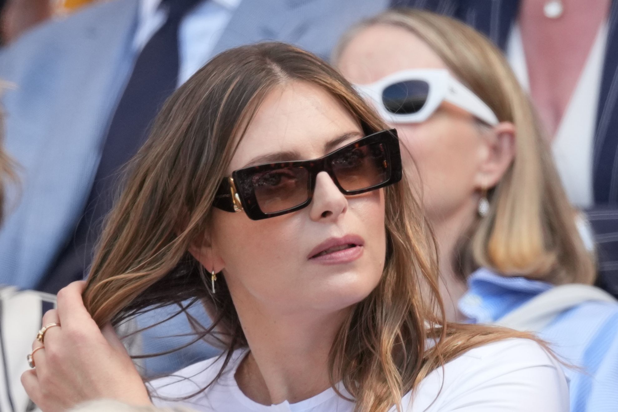 Former tennis player Maria Sharapova sits in the Royal Box on day 13 of the Wimbledon Tennis Championships in London, Saturday, July 11, 2026.