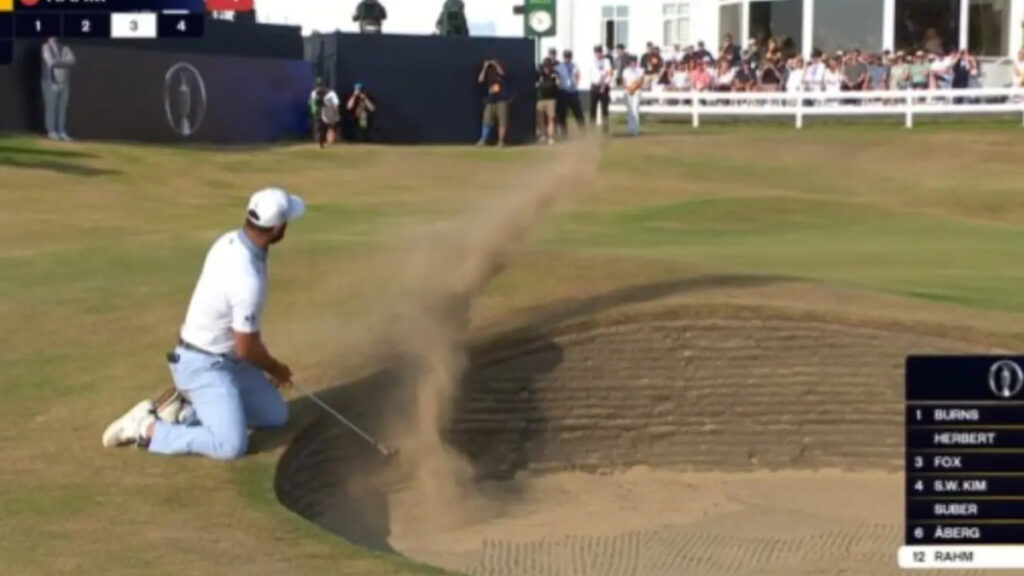 Jon Rahm finishes with an anthology-worthy shot from his knees